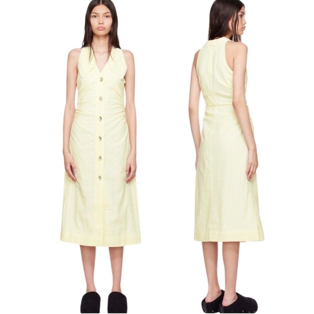 NWT Ganni Seersucker Midi Dress in Stripe‎ Flan Sz 36 US 4 $345